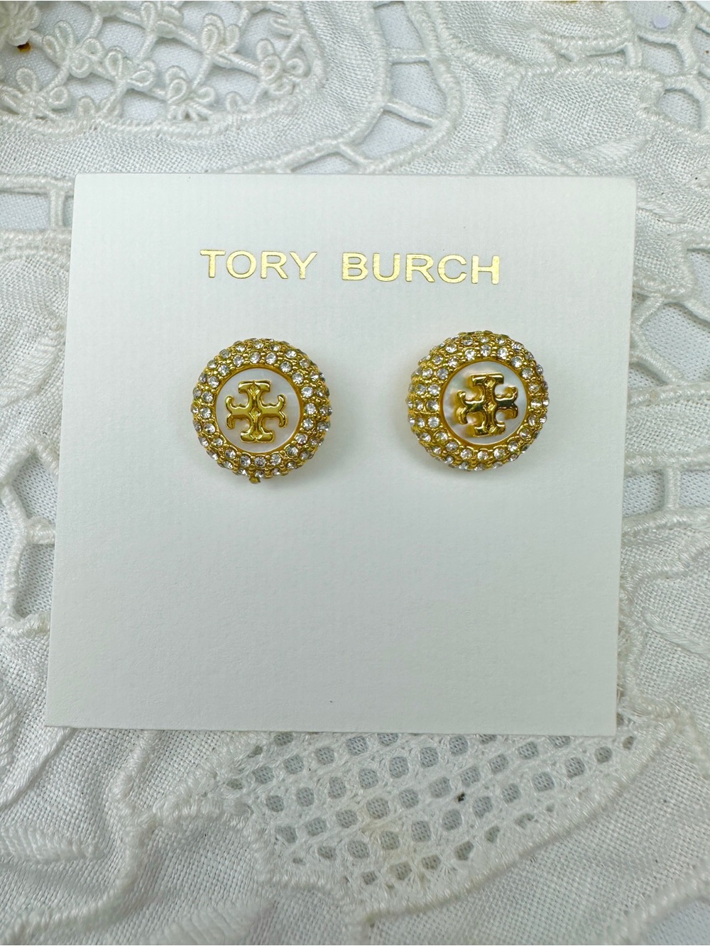Tory Burch Gold Crystal-Embellished Logo Stud Earrings